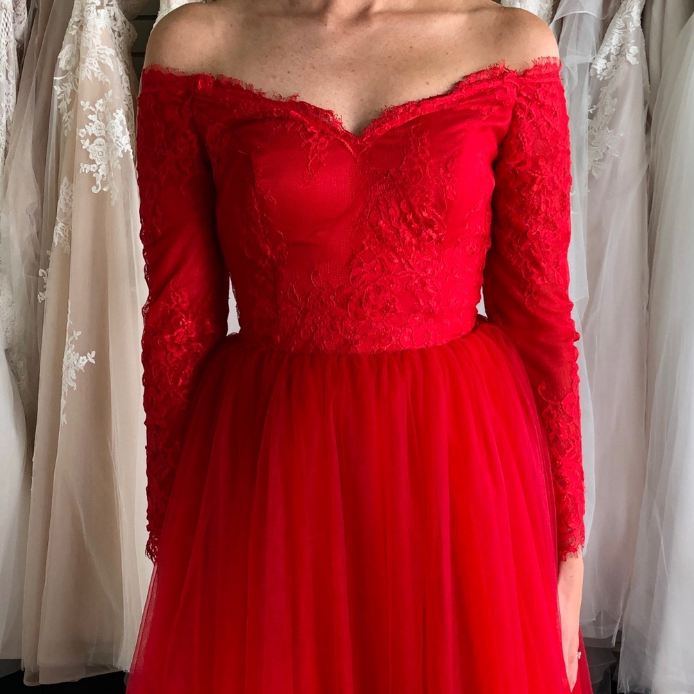 Red Off Shoulder Ball Gown Tulle Skirt, Lace Top - Picture 8 of 8